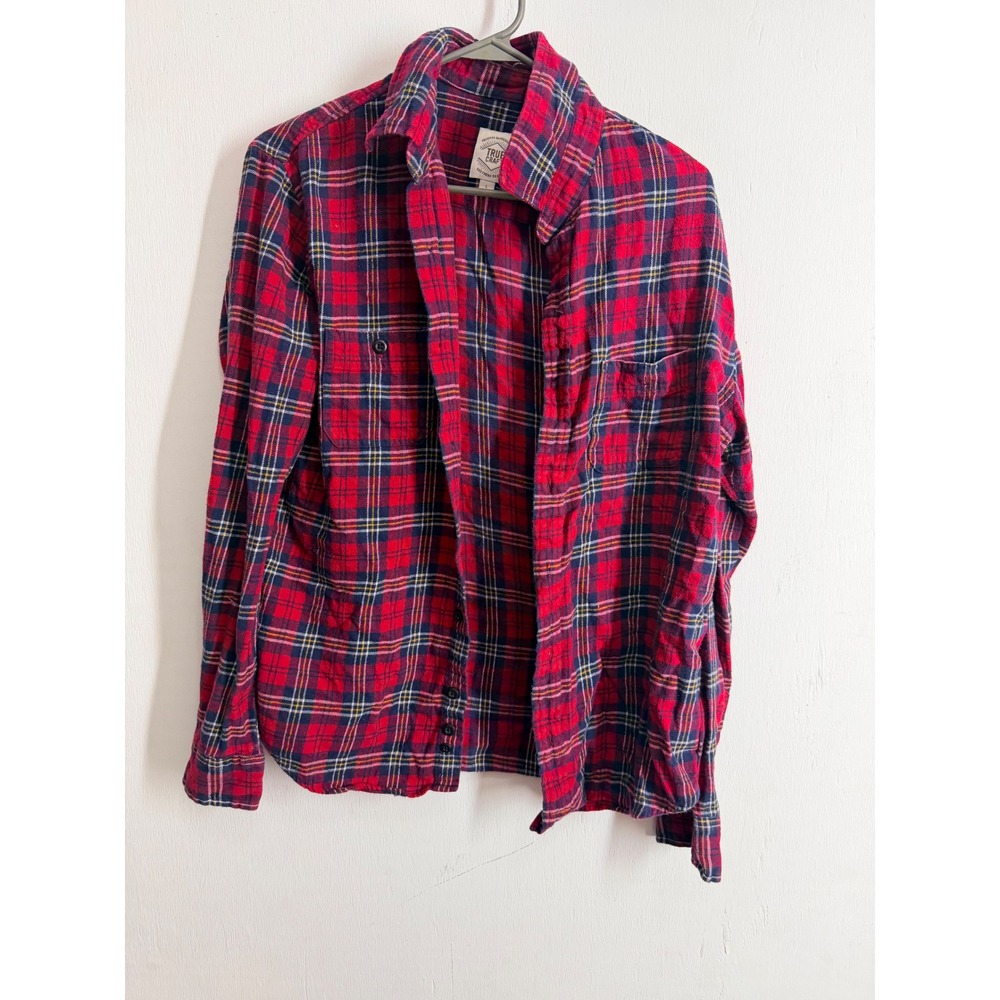 True Craft Mens Red Plaid Flannel Shirt Long Sleeve Button Down Cotton Large